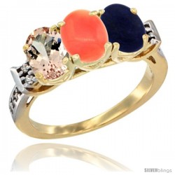 10K Yellow Gold Natural Morganite, Coral & Lapis Ring 3-Stone Oval 7x5 mm Diamond Accent