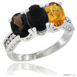 14K White Gold Natural Smoky Topaz, Black Onyx & Whisky Quartz Ring 3-Stone 7x5 mm Oval Diamond Accent