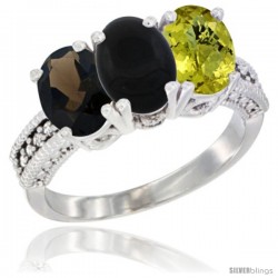 14K White Gold Natural Smoky Topaz, Black Onyx & Lemon Quartz Ring 3-Stone 7x5 mm Oval Diamond Accent