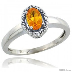 Sterling Silver Diamond Halo Natural Citrine Ring 0.75 Carat Oval Shape 6X4 mm, 3/8 in (9mm) wide