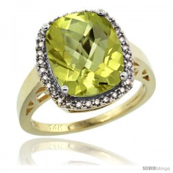 14k Yellow Gold Diamond Lemon Quartz Ring 5.17 ct Checkerboard Cut Cushion 12x10 mm, 1/2 in wide