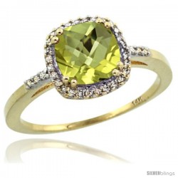 14k Yellow Gold Diamond Lemon Quartz Ring 1.5 ct Checkerboard Cut Cushion Shape 7 mm, 3/8 in wide