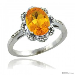 Sterling Silver Diamond Halo Natural Citrine Ring 1.65 Carat Oval Shape 9X7 mm, 7/16 in (11mm) wide