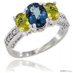 14k White Gold Ladies Oval Natural London Blue Topaz 3-Stone Ring with Lemon Quartz Sides Diamond Accent