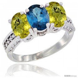 14K White Gold Natural London Blue Topaz Ring with Lemon Quartz 3-Stone 7x5 mm Oval Diamond Accent