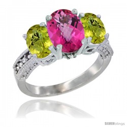 14K White Gold Ladies 3-Stone Oval Natural Pink Topaz Ring with Lemon Quartz Sides Diamond Accent