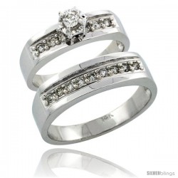 14k White Gold 2-Piece Diamond Ring Band Set w/ Rhodium Accent ( Engagement Ring & Man's Wedding Band ), w/ 0.39 Carat