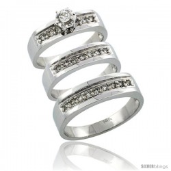 14k White Gold 3-Piece Trio His (6mm) & Hers (5mm) Diamond Wedding Ring Band Set w/ 0.54 Carat Brilliant Cut Diamonds