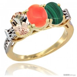 10K Yellow Gold Natural Morganite, Coral & Malachite Ring 3-Stone Oval 7x5 mm Diamond Accent