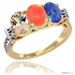 10K Yellow Gold Natural Morganite, Coral & Tanzanite Ring 3-Stone Oval 7x5 mm Diamond Accent