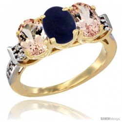 10K Yellow Gold Natural Lapis & Morganite Sides Ring 3-Stone Oval 7x5 mm Diamond Accent