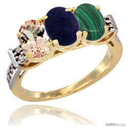 10K Yellow Gold Natural Morganite, Lapis & Malachite Ring 3-Stone Oval 7x5 mm Diamond Accent