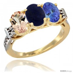 10K Yellow Gold Natural Morganite, Lapis & Tanzanite Ring 3-Stone Oval 7x5 mm Diamond Accent