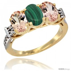 10K Yellow Gold Natural Malachite & Morganite Sides Ring 3-Stone Oval 7x5 mm Diamond Accent