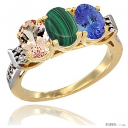 10K Yellow Gold Natural Morganite, Malachite & Tanzanite Ring 3-Stone Oval 7x5 mm Diamond Accent