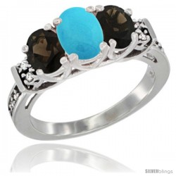 14K White Gold Natural Turquoise & Smoky Topaz Ring 3-Stone Oval with Diamond Accent