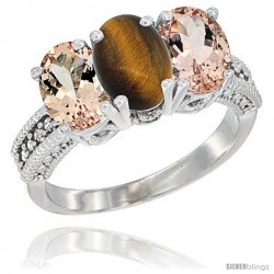 10K White Gold Natural Tiger Eye & Morganite Sides Ring 3-Stone Oval 7x5 mm Diamond Accent