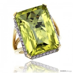 14k Yellow Gold Diamond Lemon Quartz Ring 14.96 ct Emerald shape 18x13 mm Stone, 13/16 in wide