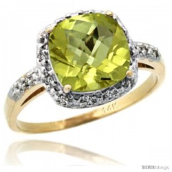 14k Yellow Gold Diamond Lemon Quartz Ring 2.08 ct Cushion cut 8 mm Stone 1/2 in wide