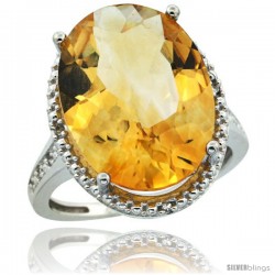 Sterling Silver Diamond Natural Citrine Ring 13.56 Carat Oval Shape 18x13 mm, 3/4 in (20mm) wide