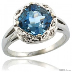 10k White Gold Diamond Halo London Blue Topaz Ring 2.7 ct Checkerboard Cut Cushion Shape 8 mm, 1/2 in wide