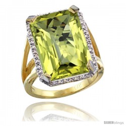 14k Yellow Gold Diamond Lemon Quartz Ring 14.96 ct Emerald shape 18x13 Stone 13/16 in wide