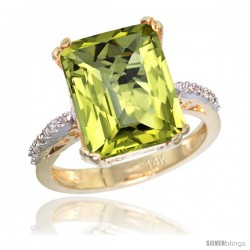 14k Yellow Gold Diamond Lemon Quartz Ring 5.83 ct Emerald Shape 12x10 Stone 1/2 in wide