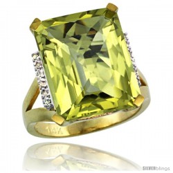 14k Yellow Gold Diamond Lemon Quartz Ring 12 ct Emerald Cut 16x12 stone 3/4 in wide