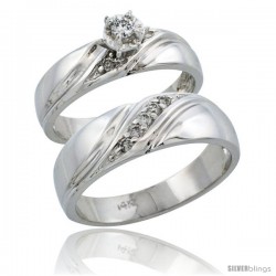 14k White Gold 2-Piece Diamond Ring Band Set w/ Rhodium Accent ( Engagement Ring & Man's Wedding Band ), w/ 0.21 Carat