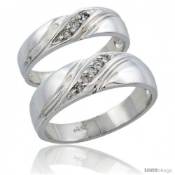 14k White Gold 2-Piece His (7mm) & Hers (5mm) Diamond Wedding Ring Band Set w/ 0.16 Carat Brilliant Cut Diamonds