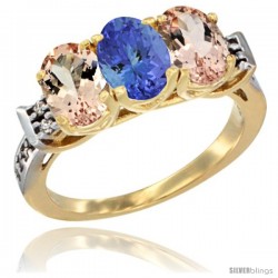 10K Yellow Gold Natural Tanzanite & Morganite Sides Ring 3-Stone Oval 7x5 mm Diamond Accent