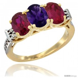 10K Yellow Gold Natural Amethyst & Ruby Sides Ring 3-Stone Oval 7x5 mm Diamond Accent