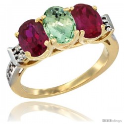 10K Yellow Gold Natural Green Amethyst & Ruby Sides Ring 3-Stone Oval 7x5 mm Diamond Accent