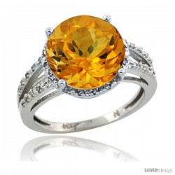 Sterling Silver Diamond Natural Citrine Ring 5.25 ct Round Shape 11 mm, 1/2 in wide