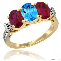 10K Yellow Gold Natural Swiss Blue Topaz & Ruby Sides Ring 3-Stone Oval 7x5 mm Diamond Accent