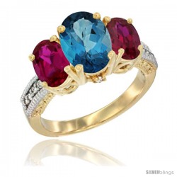 10K Yellow Gold Ladies 3-Stone Oval Natural London Blue Topaz Ring with Ruby Sides Diamond Accent