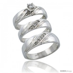 14k White Gold 3-Piece Trio His (7mm) & Hers (5mm) Diamond Wedding Ring Band Set w/ 0.27 Carat Brilliant Cut Diamonds