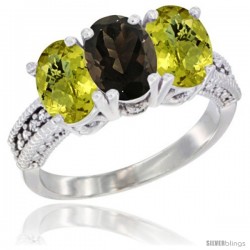 14K White Gold Natural Smoky Topaz Ring with Lemon Quartz 3-Stone 7x5 mm Oval Diamond Accent