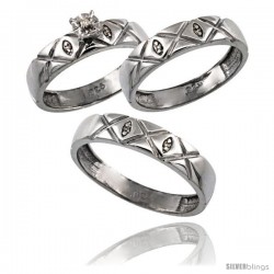 Sterling Silver 3-Pc. Trio His (5mm) & Hers (5mm) Diamond Wedding Ring Band Set, w/ 0.20 Carat Brilliant Cut Diamonds
