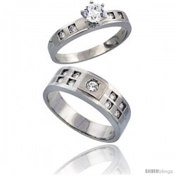 Sterling Silver 2-Piece His 7mm & Her 4mm Engagement Ring Set CZ Stones Rhodium finish