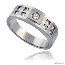 Sterling Silver Men's Wedding Ring CZ Stones Rhodium Finish, 9/32 in. 7 mm