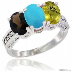 14K White Gold Natural Smoky Topaz, Turquoise & Lemon Quartz Ring 3-Stone 7x5 mm Oval Diamond Accent