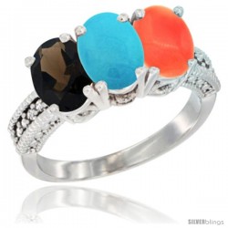 14K White Gold Natural Smoky Topaz, Turquoise & Coral Ring 3-Stone 7x5 mm Oval Diamond Accent