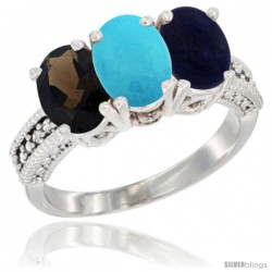 14K White Gold Natural Smoky Topaz, Turquoise & Lapis Ring 3-Stone 7x5 mm Oval Diamond Accent