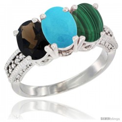 14K White Gold Natural Smoky Topaz, Turquoise & Malachite Ring 3-Stone 7x5 mm Oval Diamond Accent