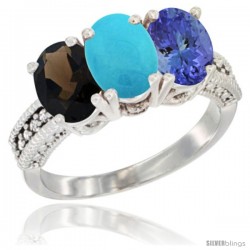 14K White Gold Natural Smoky Topaz, Turquoise & Tanzanite Ring 3-Stone 7x5 mm Oval Diamond Accent