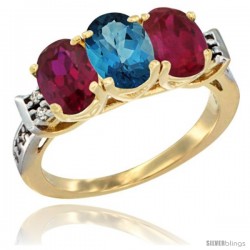 10K Yellow Gold Natural London Blue Topaz & Ruby Sides Ring 3-Stone Oval 7x5 mm Diamond Accent