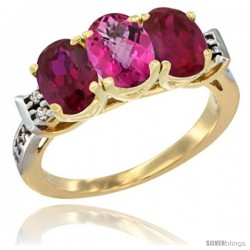 10K Yellow Gold Natural Pink Topaz & Ruby Sides Ring 3-Stone Oval 7x5 mm Diamond Accent