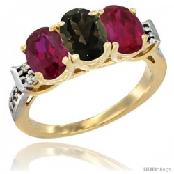 10K Yellow Gold Natural Smoky Topaz & Ruby Sides Ring 3-Stone Oval 7x5 mm Diamond Accent