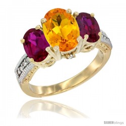 10K Yellow Gold Ladies 3-Stone Oval Natural Citrine Ring with Ruby Sides Diamond Accent